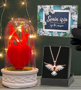 Renkli Zümrüdü Anka Kuşu Kolye ve Led Işıklı Fanus Hediye Seti (Model 3)