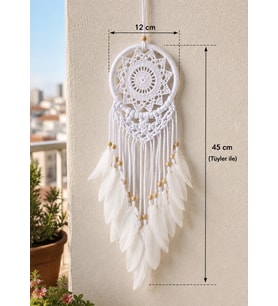 Beyaz Makrome Düş Kapanı 12 cm Kasnak 45 cm Tüylü Bohem Dekoratif Duvar Süsü