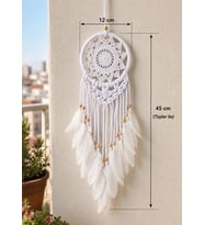 Beyaz Makrome Düş Kapanı 12 cm Kasnak 45 cm Tüylü Bohem Dekoratif Duvar Süsü