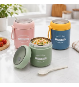 Paslanmaz Çelik Yemek Termosu 530 ml, Kaşıklı Taşınabilir Yemek Kabı, Çelik İç Hazneli Lunch Box, Askılı Kapaklı Saklama Kabı, Pembe Yeşil Mavi Renk Seçenekli