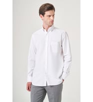 Beyaz Sert Yaka Uzun Kol Cepli Comfort Fit %100 Pamuk Gömlek 1004260219