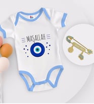 BK Kids Kişiye Özel Maşallah Tasarımlı Mavi Bebek Body Zıbın ve Erkek Bebek İğnesi Hediye Seti-1