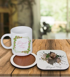 Kişiye Özel Tasarım Kupa Bardak Ve Fotoğraflı Ahşap Bardak Altlığı 99415 (Krem)