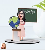 BK Gift Kişiye Özel Kadın Coğrafya Öğretmeni Karikatürlü Ahşap Biblo Model-1 (Beyaz)