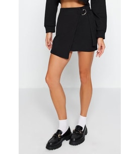 Moda Regular Düz Desen Günlük Mini Boy Toka Detaylı Kruvaze Mini Boy Dokuma Etek