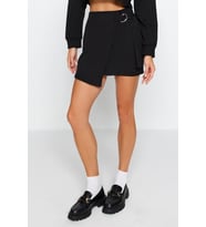 Moda Regular Düz Desen Günlük Mini Boy Toka Detaylı Kruvaze Mini Boy Dokuma Etek