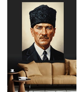 Kalpaklı Atatürk Portre Fotoğrafı Dekoratif Kanvas - Mdf Ahşap Tablo