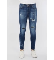 Erkek Skinny Ripped Patch Detaylı Jean Koyu Mavi