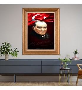 Altın Varaklı Çerçeveli Paspartulu Atatürk Tablo TR0915 (Gold)