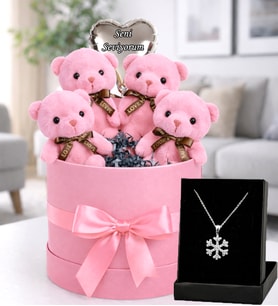 Ayıcık Buketi 4’lü  Pembe Love Ayıcık Hediye Kutusu, Seni Seviyorum Balon & Kar Tanesi Kolye Seti