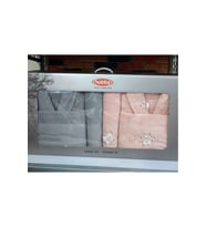 Hobby Line %100 Saf Pamuk Aile Bornoz Seti-Pembe Gri (Gri - Pembe)