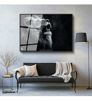 Siyah Renk Metal Çerçeveli Tamperli Cam Tablo Yağmur Efektli Kükreyen Aslan Tablosu Duvar Dekoru