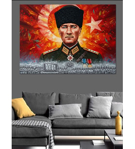 Türk Bayrağı, Kalpak Başlıklı Atatürk Ve Kahraman Türk Askeri  Dekoratif Kanvas - Mdf Ahşap Tablo