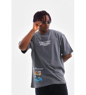 pilelistore- Unisex Bisiklet Yaka Baskılı Oversize T-Shirt - Gri