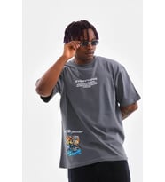 pilelistore- Unisex Bisiklet Yaka Baskılı Oversize T-Shirt - Gri