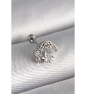 316L Çelik Gümüş Renk Zirkon Taşlı Ay Yıldız Tragus Piercing 5886 - HPSBYI5367-7699