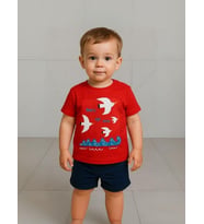 Erkek Bebek Pamuklu Kuş Baskılı T-shirt (Kırmızı)