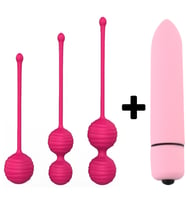 Carmine Mini Vibratör ve 3 Farklı Ağırlıkta Vajinal Anal Kegel Toplar (Pembe)