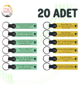 Yeşil & Sarı, Resim Kursu Mezunlarına Hatıra, 20’li Set, Kişiye Özel Yazılı Deri Anahtarlık