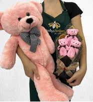 Büyük Boy Pembe Peluş Ayıcık ve 3'lü Peluş Ayıcık Buketi (Model 1)