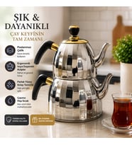 Paslanmaz Çelik Çaydanlık Takımı – Çekiç Desenli, Isıya Dayanıklı Saplı, Şık Tasarım