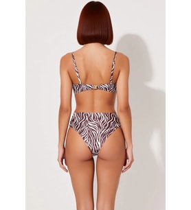 Kadın Bikini Takımı Zebra Desenli Straplez Yüksek Bel Balensiz Örme Kumaş Kolsuz Aksesuarlı Regular