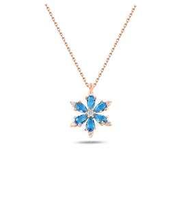 925 Ayar Lotus Çiçeği Aquamarin Taşlı Rose Gold Kadın Gümüş Kolye (Mavi)