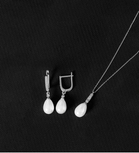 925 Ayar Gümüş Zirkon Taşlı Damla İnci Set (Rodyum)