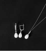 925 Ayar Gümüş Zirkon Taşlı Damla İnci Set (Rodyum)