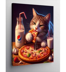 Kanvas Tablo Pizza Yiyen Sevimli Kedi