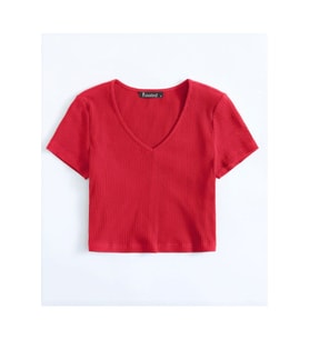 Kadın Basic Crop V Yaka Kaşkorse T-shirt