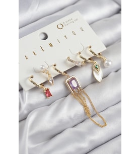 Pirinç Zirkon Taşlı Sallantılı Ve İncili Gold Renk 6'lı Küpe Set 5886