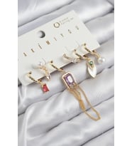 Pirinç Zirkon Taşlı Sallantılı Ve İncili Gold Renk 6'lı Küpe Set 5886