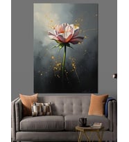 Altın Işıltılı Beyaz Lotus Çiçeği Dekoratif Kanvas - Mdf Ahşap Tablo