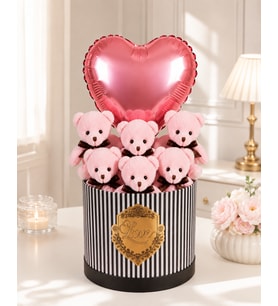 Rose Gold Kalp Balonlu Sevimli Pembe Peluş Ayıcık Buketi & Özel Seri Love Hediye Kutusu, Gift Box- Sevgiliye, Arkadaşa Sürpriz Doğum Günü & Tebrik - Kutlama Hediyesi