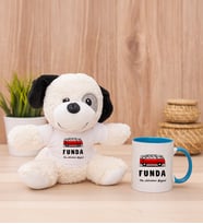 Kişiye Özel Vosvos Minibüs Tasarımlı Peluş Köpek ve Mavi Kupa