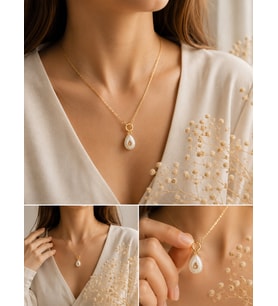İnci ve Taş Detaylı Gold Kolye