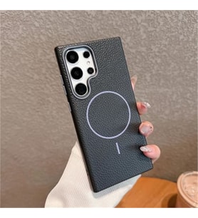 Coverzone Samsung Galaxy S22 Ultra ile uyumlu Deri G�r�nml� 2,5mm Kamera Koruma �?k?nt? Koruma Cowboy MagSafe ile uyumlu ?� Kadife Y�zeyli Silikon K?l?f Black