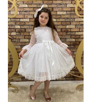 Dantelli Beyaz Mini Puantiyeli Kurdelalı Tül Elbise - Tül Abiye - Mezuniyet (Karışık)