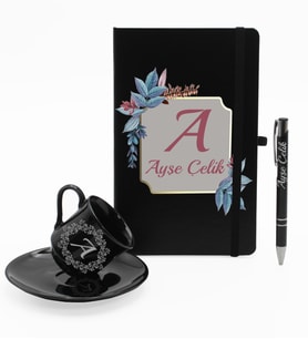 Kişiye Özel Ajanda Defter & Siyah Fincan & Roller Kalem Hediye Seti