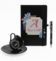 Kişiye Özel Ajanda Defter & Siyah Fincan & Roller Kalem Hediye Seti