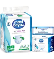 Mavi Beyaz Ped Emici Külot Hasta Bezi M 30 Adet + Yatak Koruyucu 30 Adet + Temizleme Havlusu 1 Pk