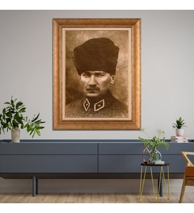 Altın Varaklı Çerçeveli Paspartulu Atatürk Tablo TR1004 (Gold)