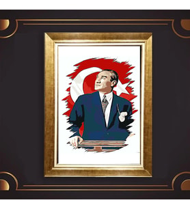 Altın Varaklı Çerçeveli Paspartulu Atatürk Tablo z5207 (Gold)
