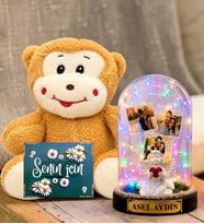 Kişiye Özel 3 Fotoğraflı Renkli LED Işıklı Fanus(beyaz melekli) ve Peluş Maymun Sevgiliye Hediye Kadına Hediye