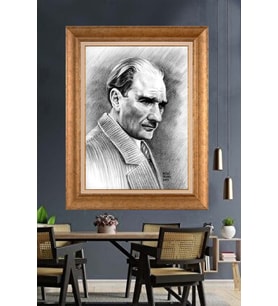 Altın Varaklı Çerçeveli Paspartulu Atatürk Tablo nh442 (Gold)