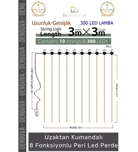 #Led 8 Fonksiyonlu Günışığı Kumandalı Dekoratif Aydınlatma Şık Perde Peri Led (3 mt x 3 mt) - 1 Adet