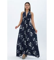 kadın lacivert halter yaka sırt dekolteli maxi boy elbise NBMY4121