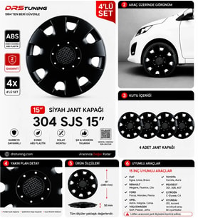 Citroen Uyumlu 15 Inc Kırılmaz Parlak Siyah Jant Kapağı 1 Takım 4 Adet No:304