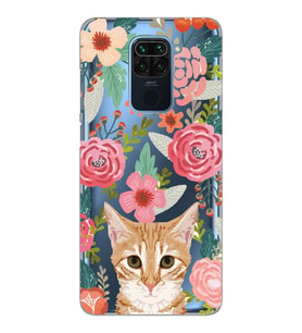 Xiaomi Redmi Note 9 Uyumlu Kedi ve Çiçek Desenli Şeffaf Telefon Kılıfı